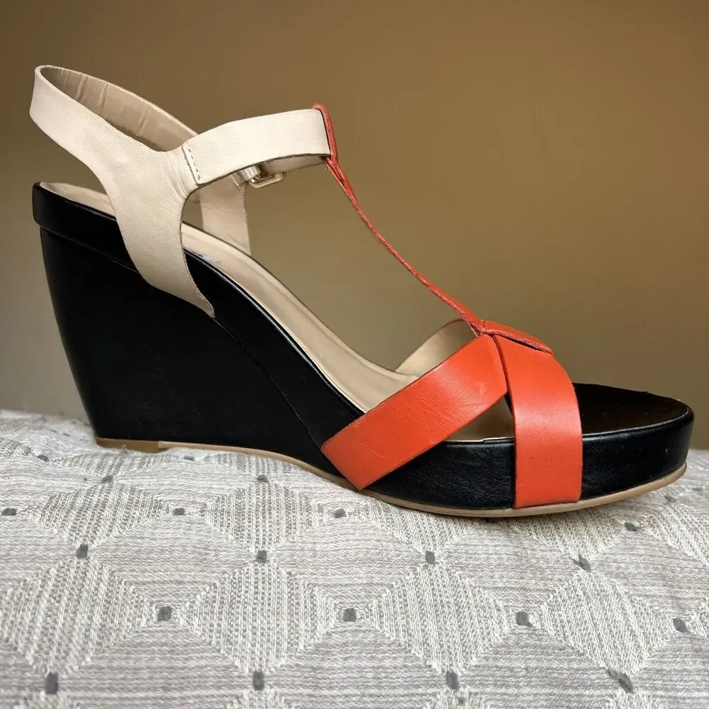 Dune London Gangster Orange Black Tan Leather Wedge Sandal Shoes EU 40 US 10 - Picture 3 of 16